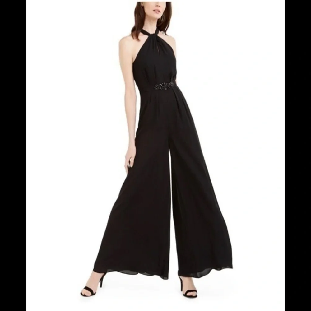 CALVIN KLEIN Womens Black Lined Sleeveless Halter Evening Wide Leg Jumpsuit